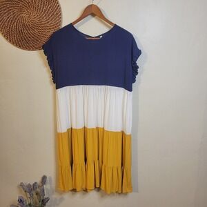 Colorblock Tent Dress XL Navy‎ Blue White Mustard Yellow